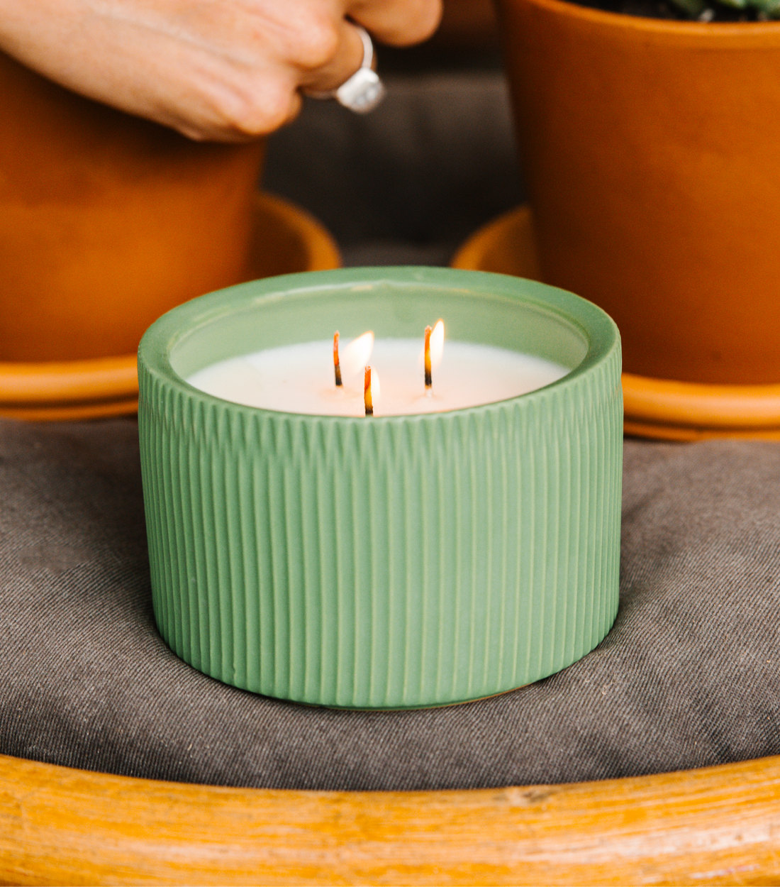 A Dark Green 3-Wick Ceramic candle scented like Clover Leaf &amp; Aloe.