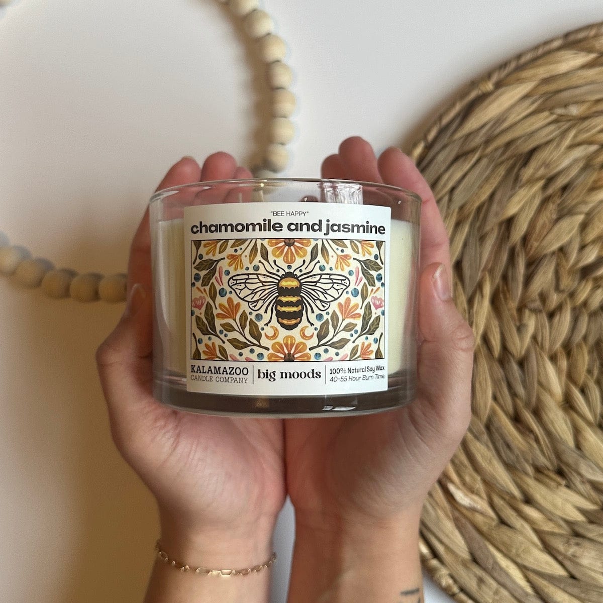 "Bee Happy" 3-Wick Soy Candle - Chamomile & Jasmine - 14oz