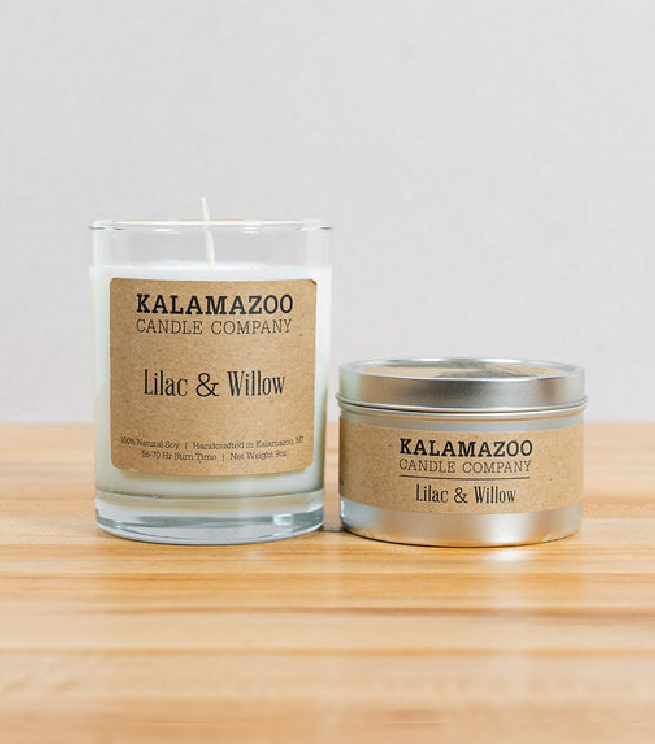 Lilac & Willow Candles Like spring rain dripping from flower blossoms, this soy candle has notes of pink lilac, jasmine, cherry blossom, and bergamot freshened with green willow. All Kalamazoo Candles are: 100% natural scented soy wax; produced using locally sourced ingredients.