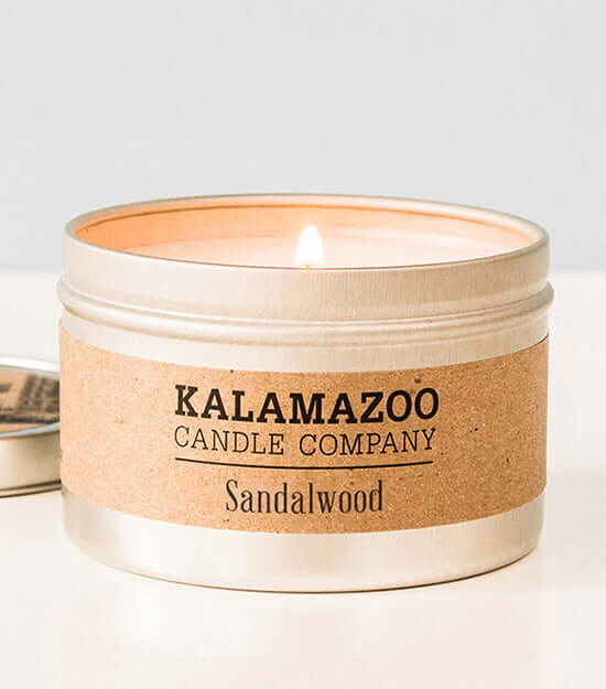 Sandalwood Candles This classic soy candle is an exotic and earthy blend of warm sandalwood, bergamot, and nutmeg. All Kalamazoo Candles are: 100% natural scented soy wax; produced using locally sourced and American-made materials; crafted from clean, hig