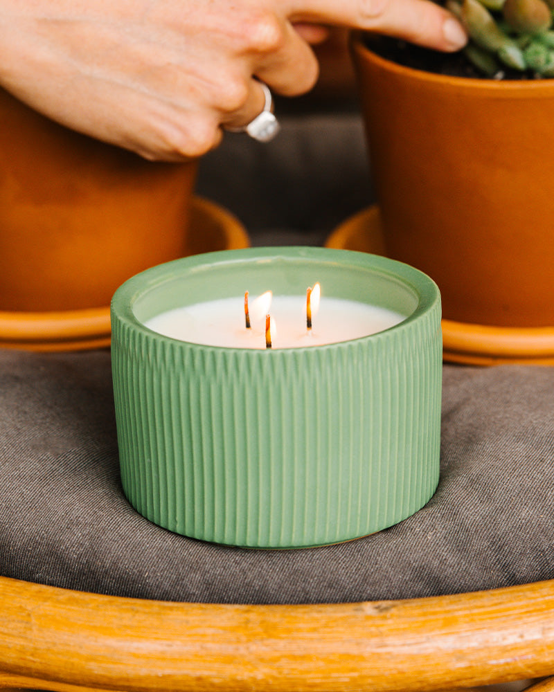 A Dark Green 3-Wick Ceramic candle scented like Clover Leaf &amp; Aloe.