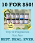 Promotional image of 10 scented jars with a blue border and text overlay.