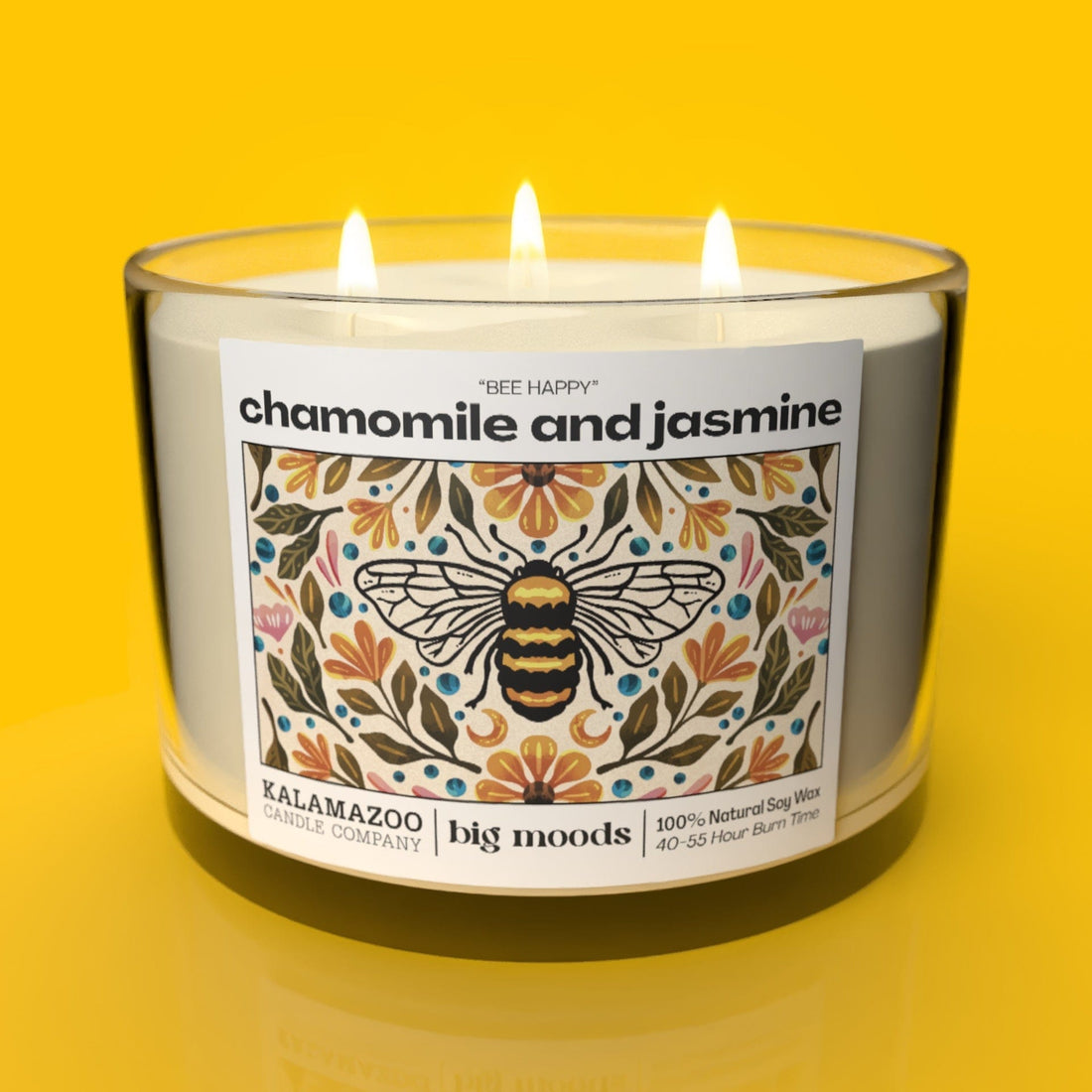 "Bee Happy" 3-Wick Soy Candle - Chamomile & Jasmine - 14oz