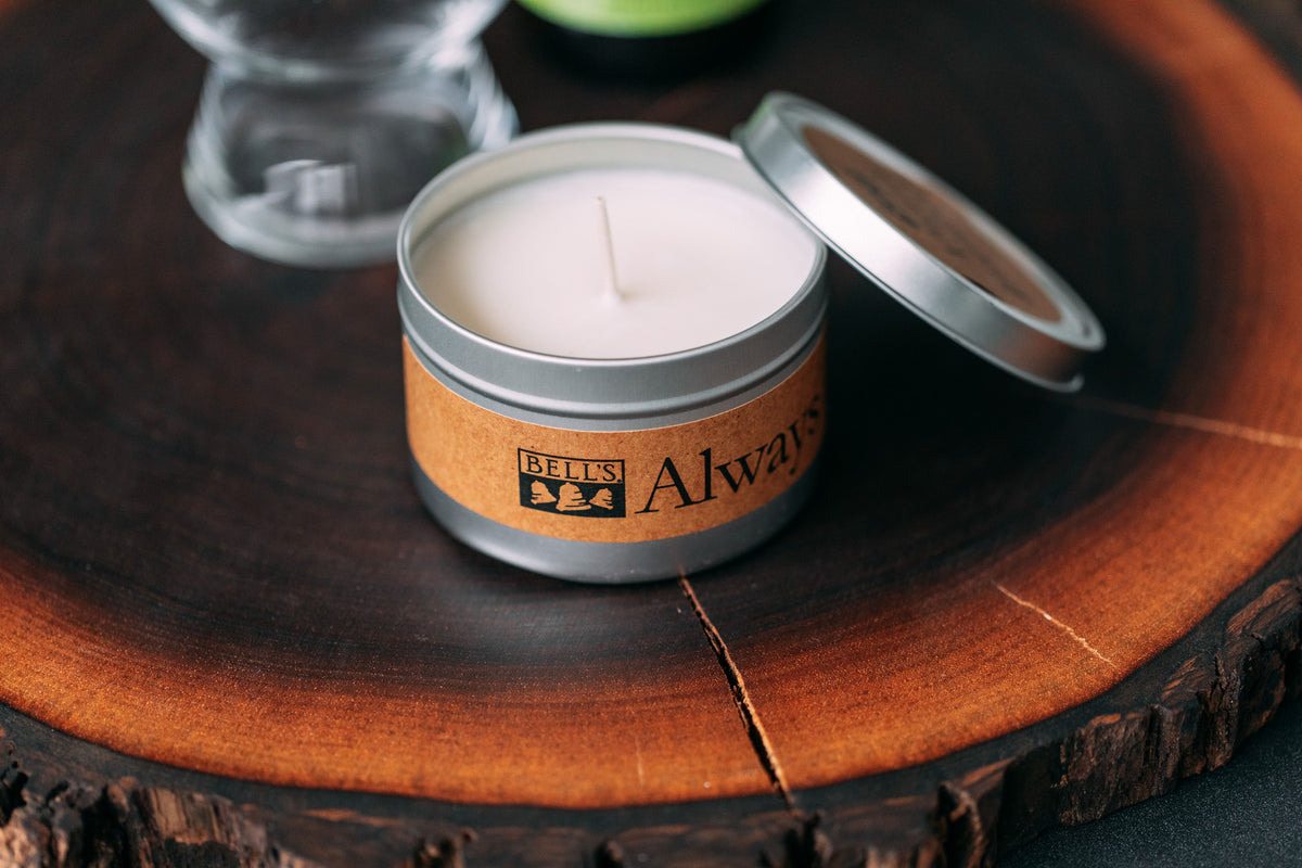 Bell's Brewery custom label soy candle tin by Kalamazoo Candle Company
