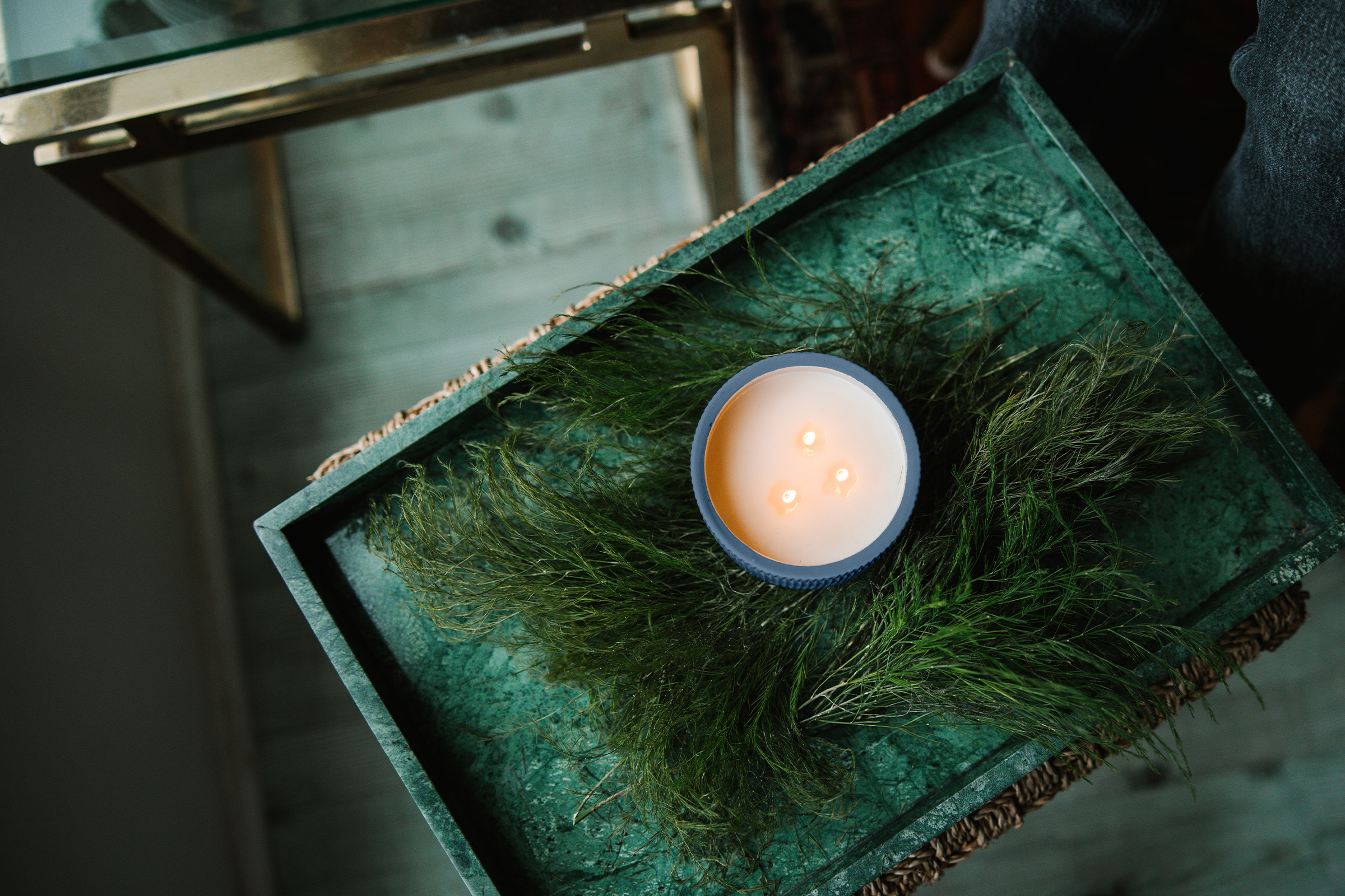 A River Moss & Teakwood Candle on a bed of fern