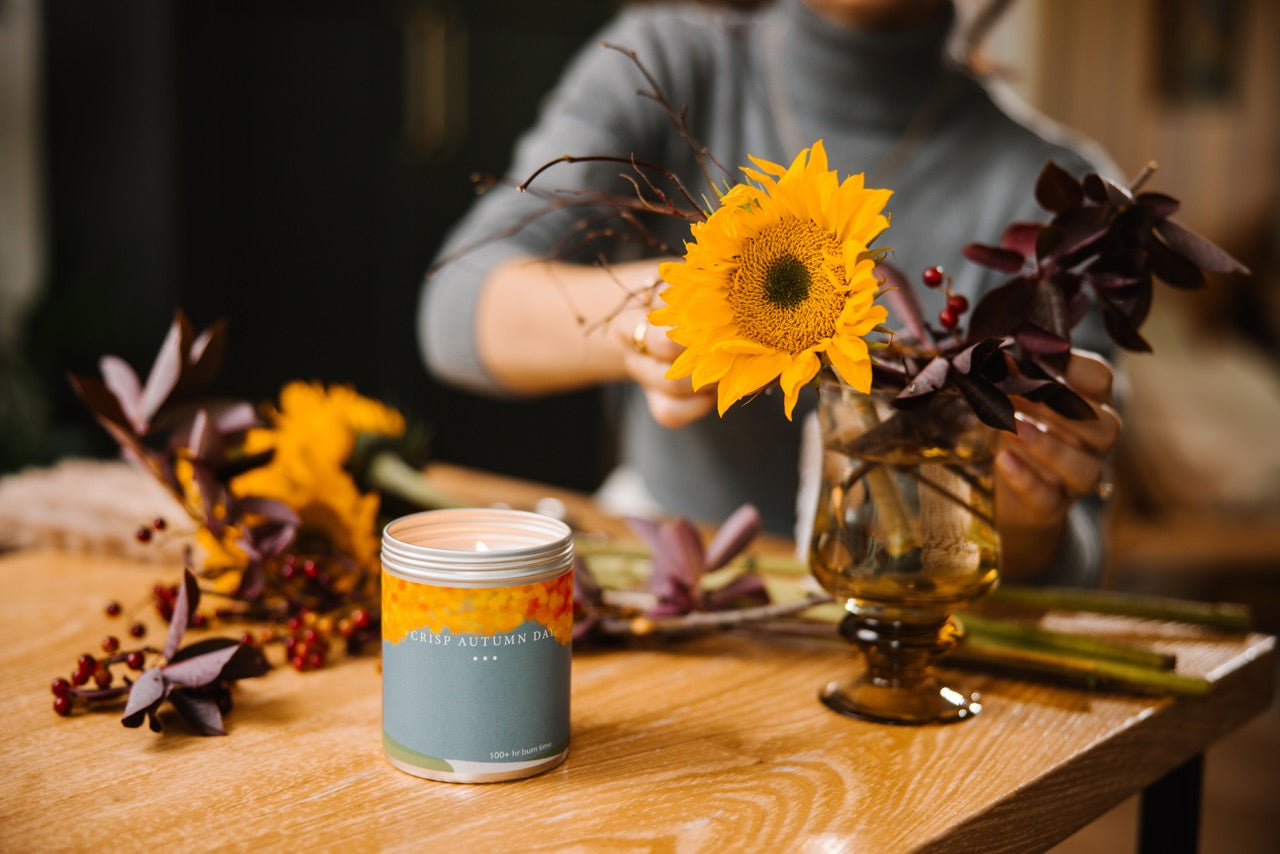 Crisp Autumn Day Candle with Flowers