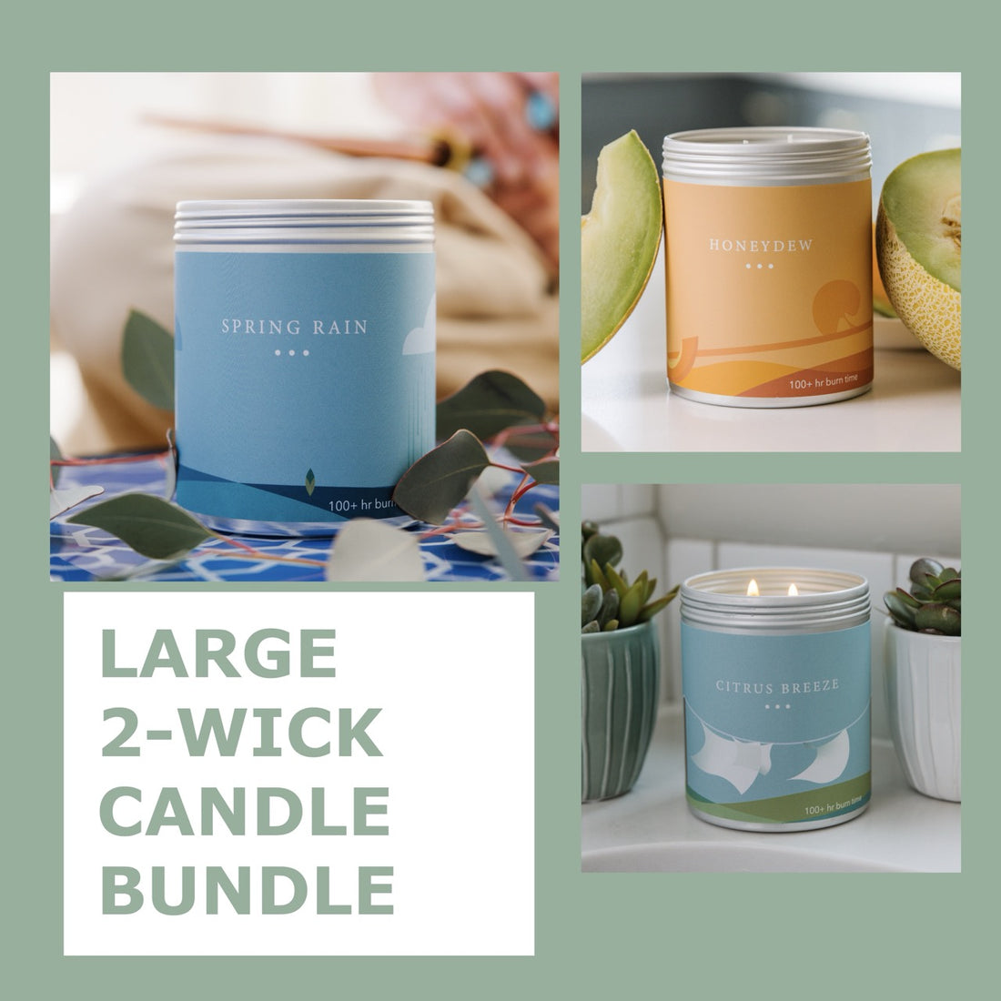 3 Large 2-Wick Candles on a green background