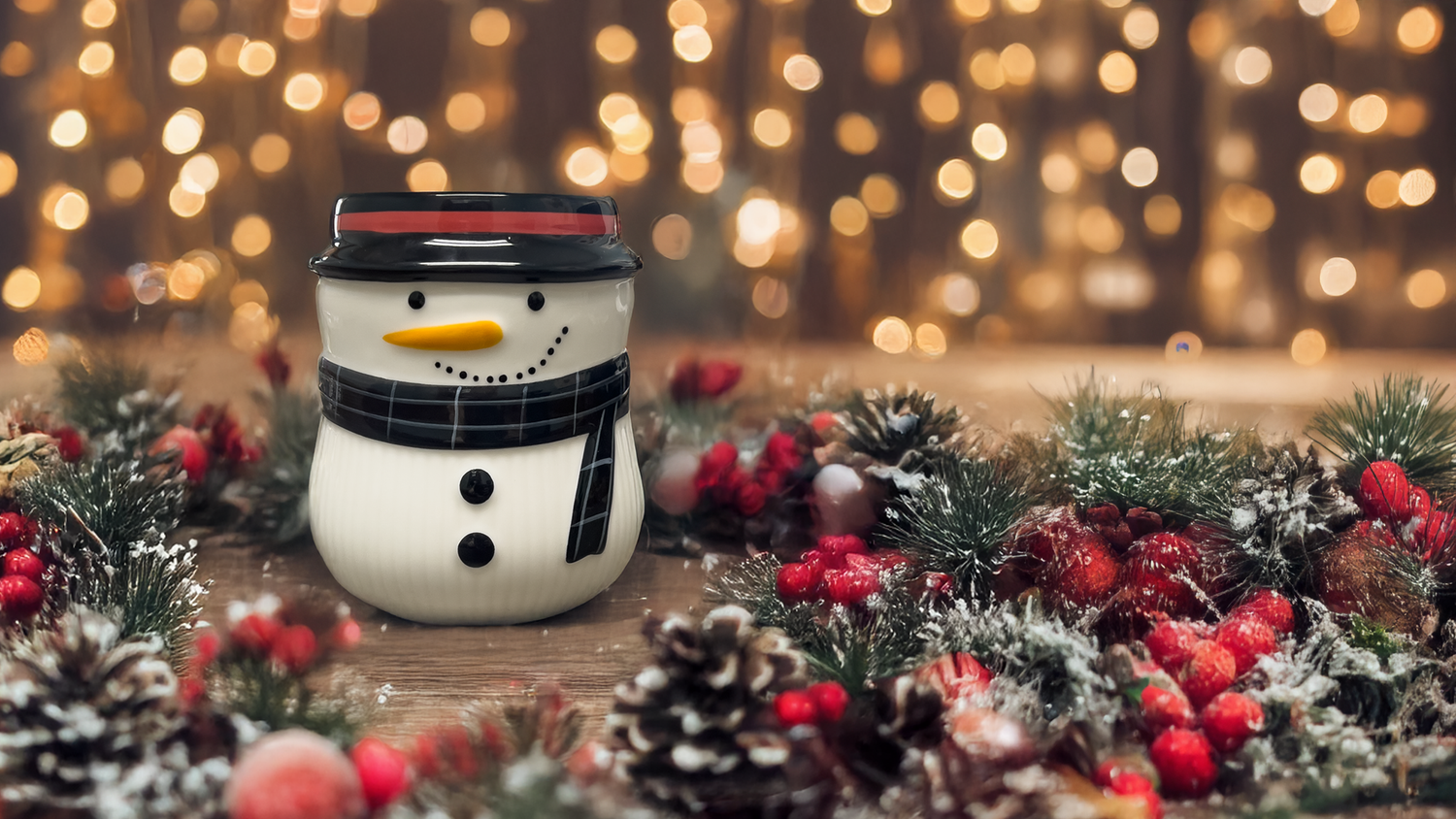 ceramic snowman with candle surrounded by holiday decoration