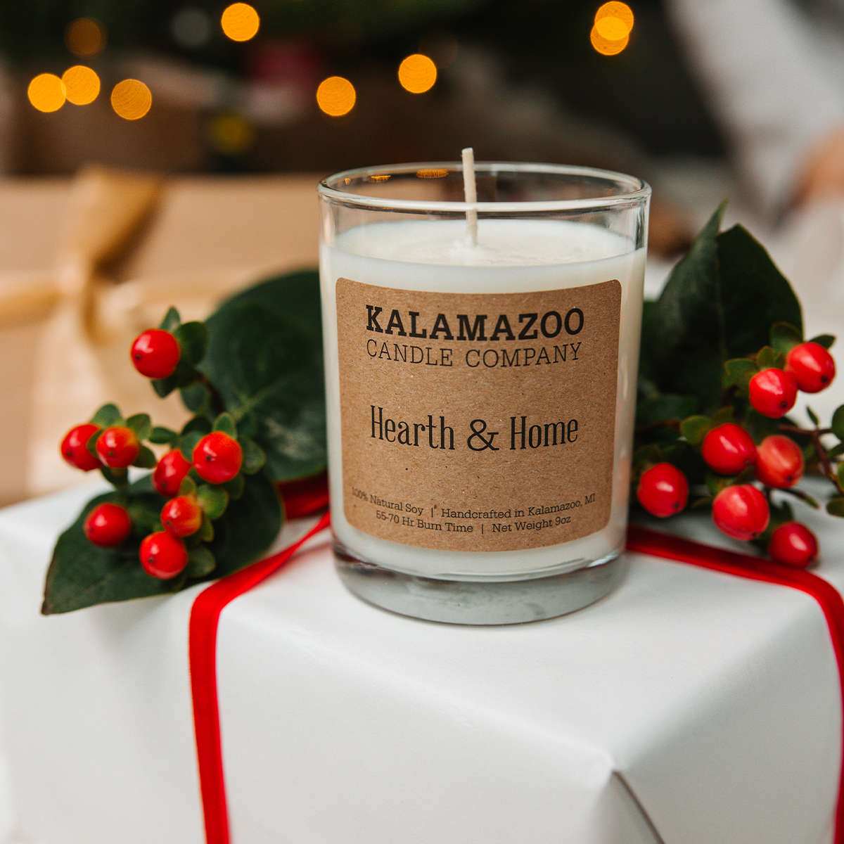 A Hearth & Home Candle on a box