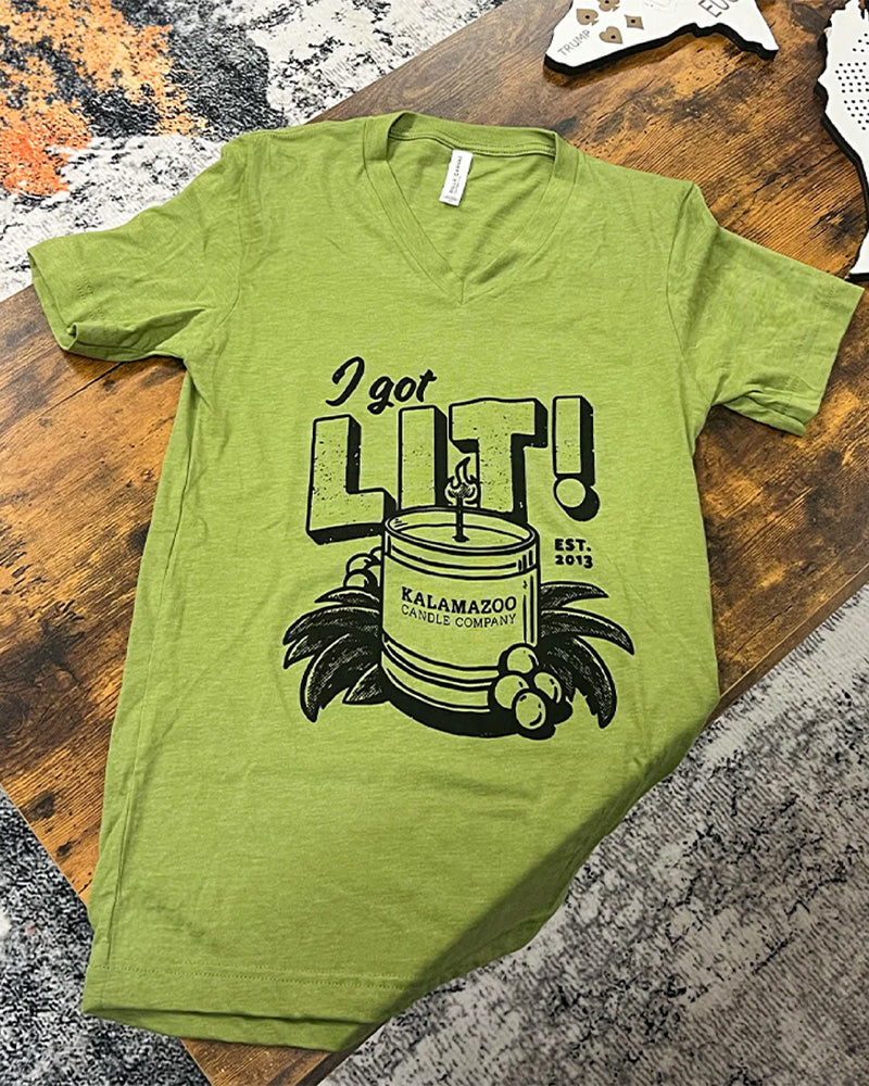 A Green V-Neck T-shirt that says &quot;I Got Lit&quot; on the front.