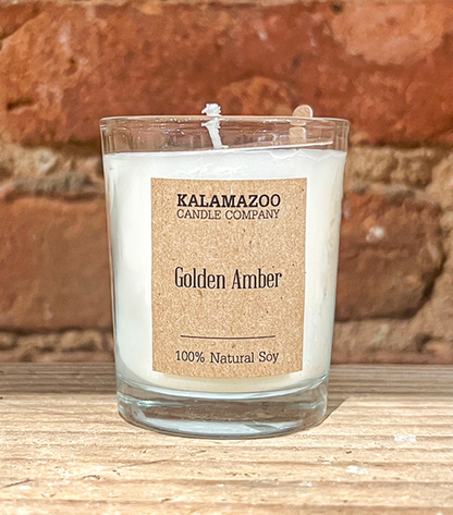 Golden Amber Candles Warm, rich, and welcoming, ancient resins and exotic woods are brightened by golden citrus in this soy candle with notes of amber, vanilla, and orange zest. All Kalamazoo Candles are: 100% natural scented soy wax.