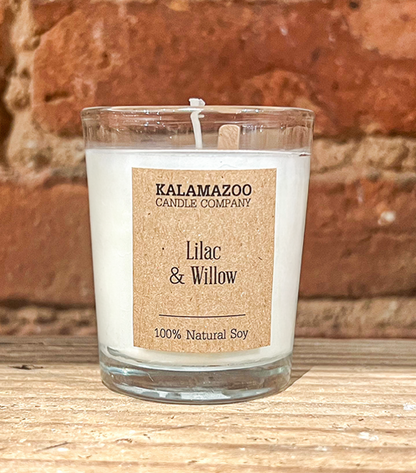 Lilac &amp; Willow Candles Like spring rain dripping from flower blossoms, this soy candle has notes of pink lilac, jasmine, cherry blossom, and bergamot freshened with green willow. All Kalamazoo Candles are: 100% natural scented soy wax; produced using lo