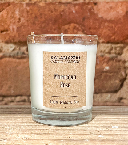 Moroccan Rose Candles A sensual bouquet of Persian rose, Italian bergamot, and mimosa blossoms; paired with earthy patchouli, fragrant sandalwood, and dreamy notes of amber and tonka. All Kalamazoo Candles are: 100% natural scented soy wax; produced using