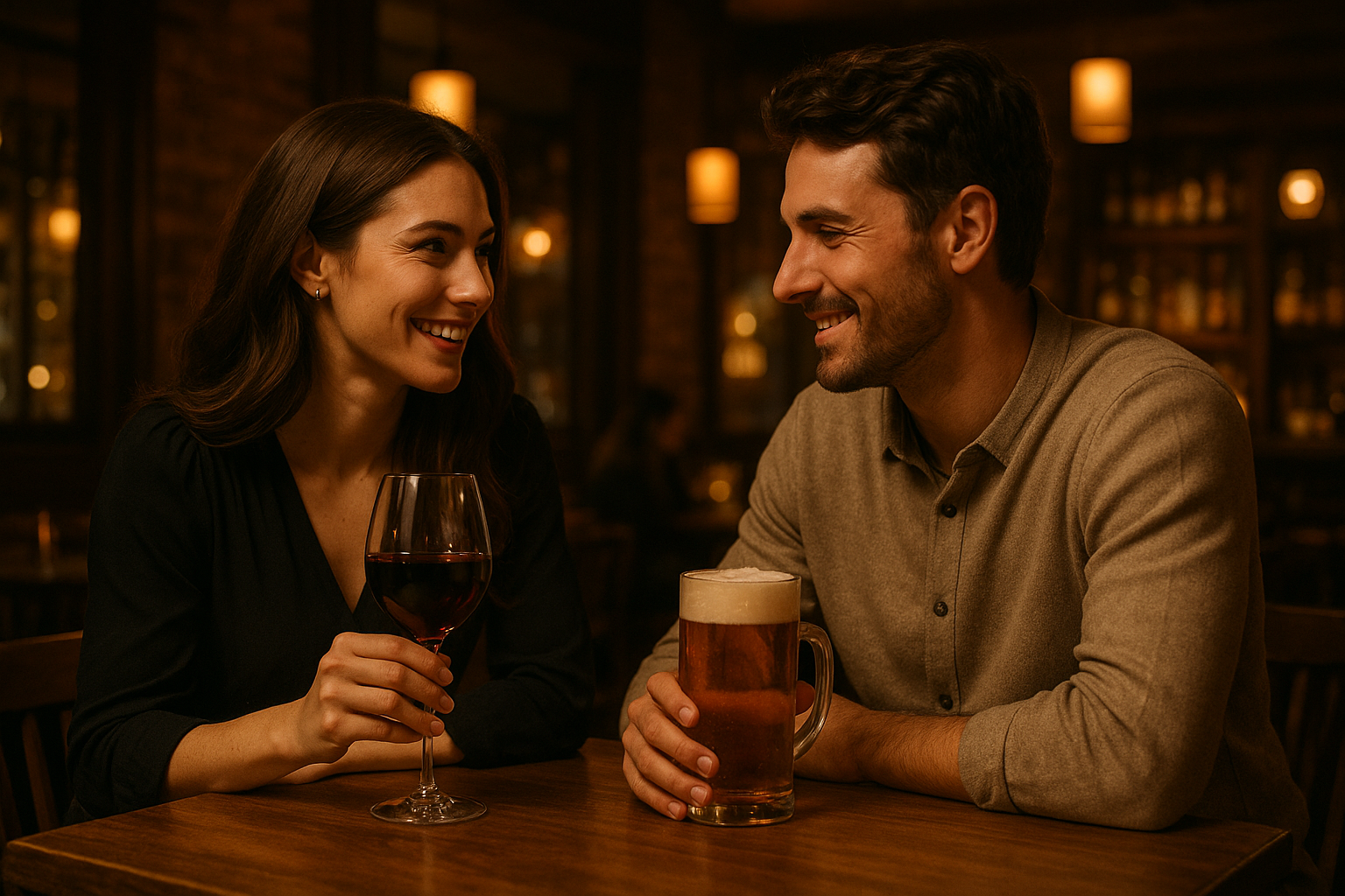a couple out on date. one drinking red wine and the other drinking beer. in a bar at a table