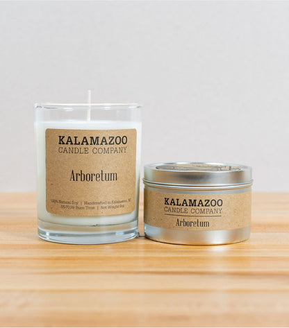 Arboretum Candles This classic soy candle smells like aromatic pine needles and earthy cinnamon brightened with tart Michigan apples. All Kalamazoo Candles are: 100% natural scented soy wax; produced using locally sourced and American-made materials.