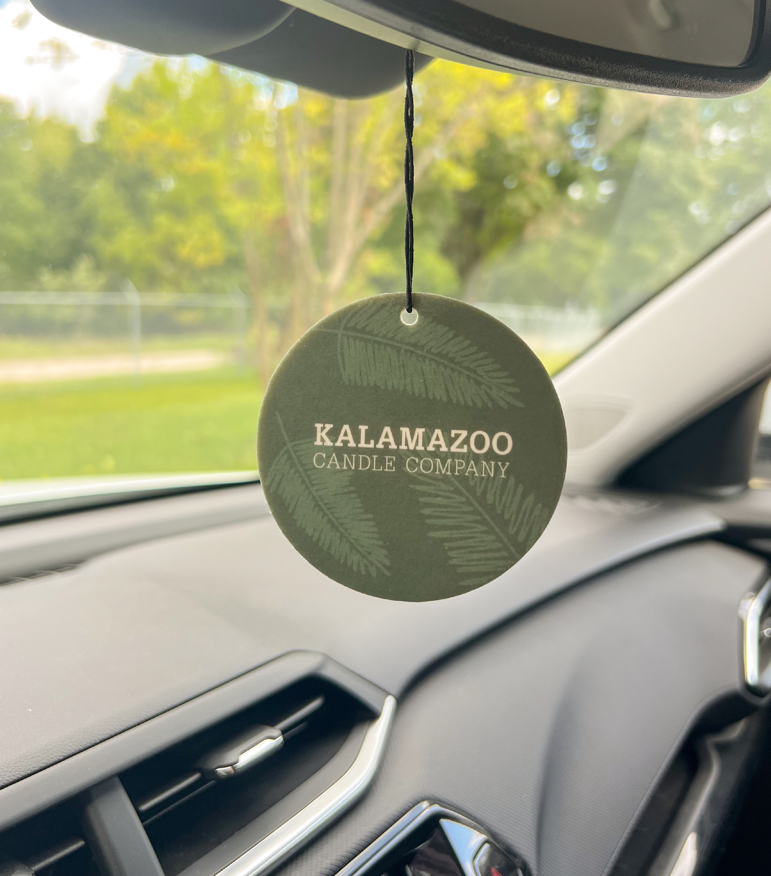 The Back of a Balsam &amp; Cedar Car Freshener hanging in a car.