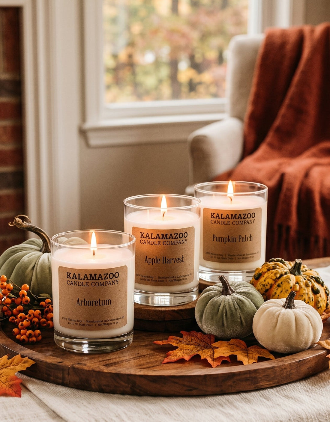 Three lit Kalamado scented candles in clear glass jars are arranged on a round wooden tray with small pumpkins, fall leaves, and orange berries on a table runner in a cozy living room near a window and fireplace.