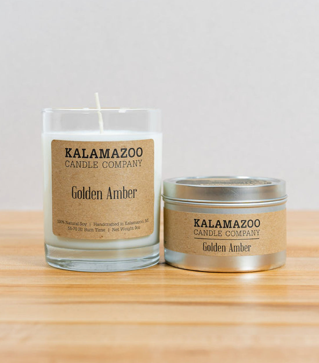 Golden Amber Candles Warm, rich, and welcoming, ancient resins and exotic woods are brightened by golden citrus in this soy candle with notes of amber, vanilla, and orange zest. All Kalamazoo Candles are: 100% natural scented soy wax; produced using locally sourced ingredients