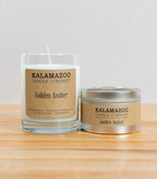 Golden Amber Candles Warm, rich, and welcoming, ancient resins and exotic woods are brightened by golden citrus in this soy candle with notes of amber, vanilla, and orange zest. All Kalamazoo Candles are: 100% natural scented soy wax; produced using locally sourced ingredients