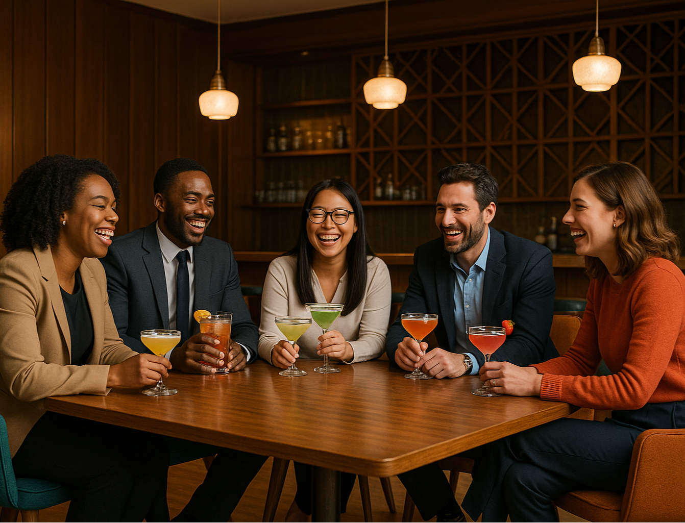 group of 5 co-workers having fun drinking cocktails at table in a midcentury modern style bar.