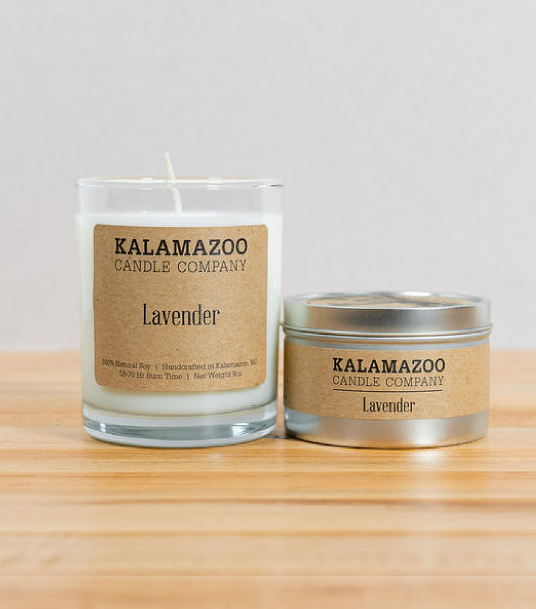 Lavender Candles Like a French countryside in bloom, this classic soy candle has notes of calming French lavender warmed by sophisticated sandalwood and pink peppercorn. All Kalamazoo Candles are: 100% natural scented soy wax; produced using locally sourced ingredients