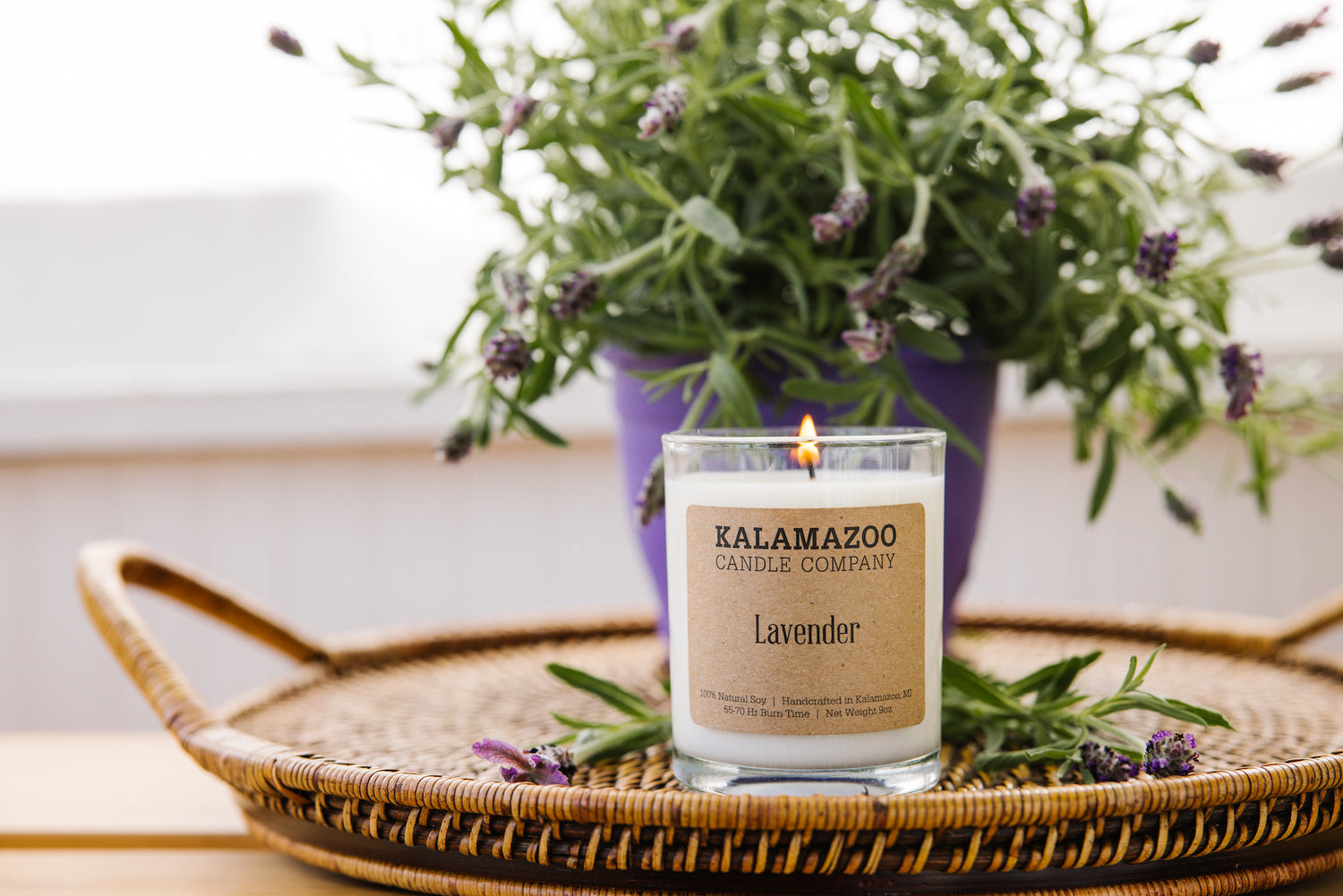 Lavender Candle in front of a lavender plant