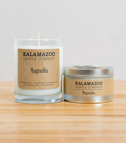 Magnolia Candles Like summer evenings on the veranda, this classic soy candle has notes of pink magnolia, pear blossom, night-blooming jasmine, and a hint of citrus. All Kalamazoo Candles are: 100% natural scented soy wax; produced using locally sourced ingredients.