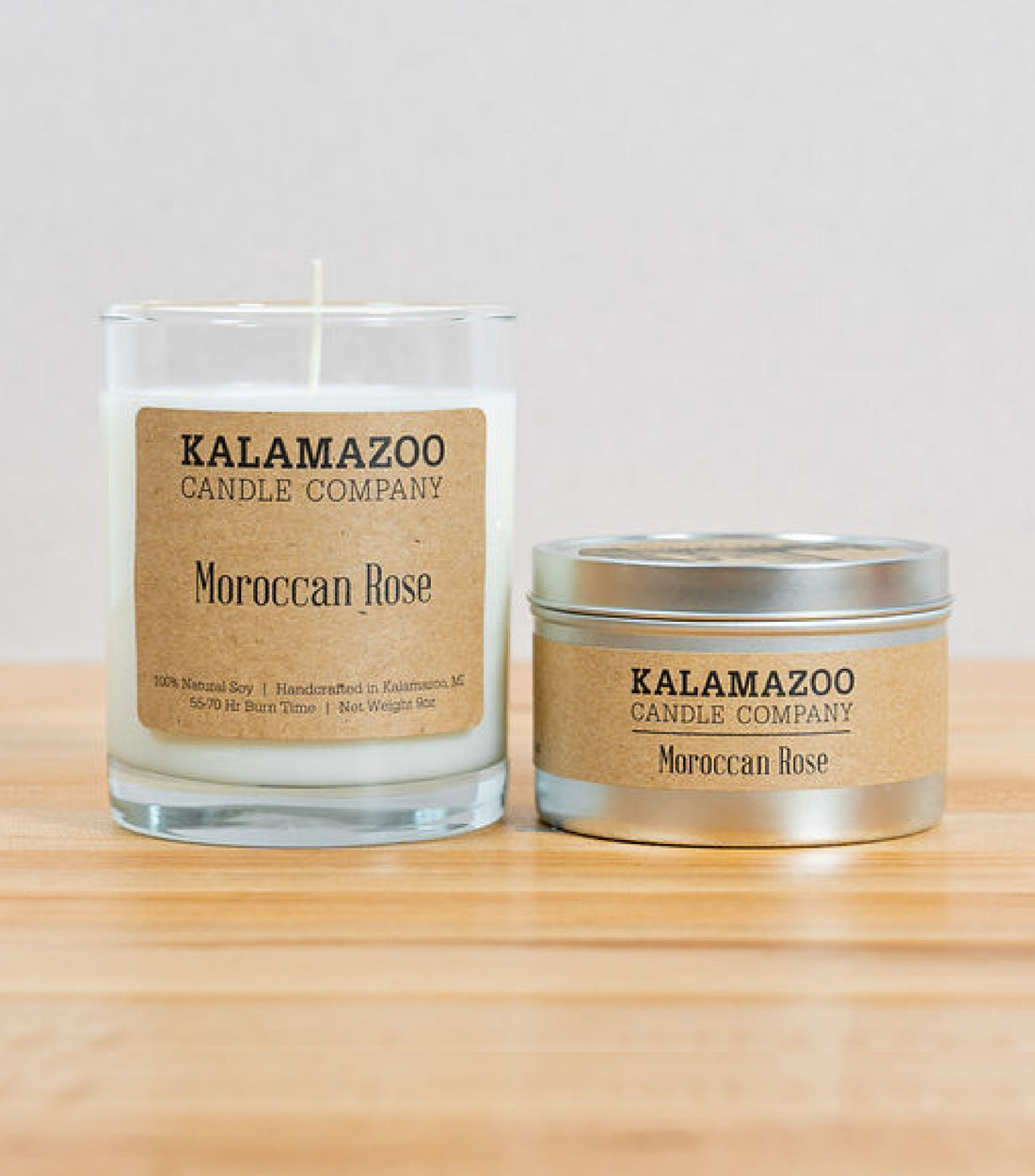 Moroccan Rose Candles A sensual bouquet of Persian rose, Italian bergamot, and mimosa blossoms; paired with earthy patchouli, fragrant sandalwood, and dreamy notes of amber and tonka. All Kalamazoo Candles are: 100% natural scented soy wax.