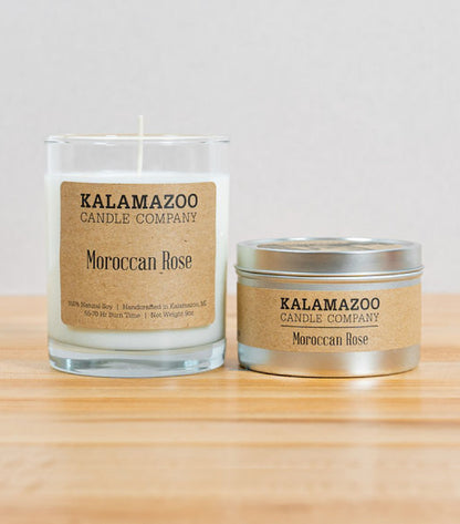 Moroccan Rose Candles A sensual bouquet of Persian rose, Italian bergamot, and mimosa blossoms; paired with earthy patchouli, fragrant sandalwood, and dreamy notes of amber and tonka. All Kalamazoo Candles are: 100% natural scented soy wax.