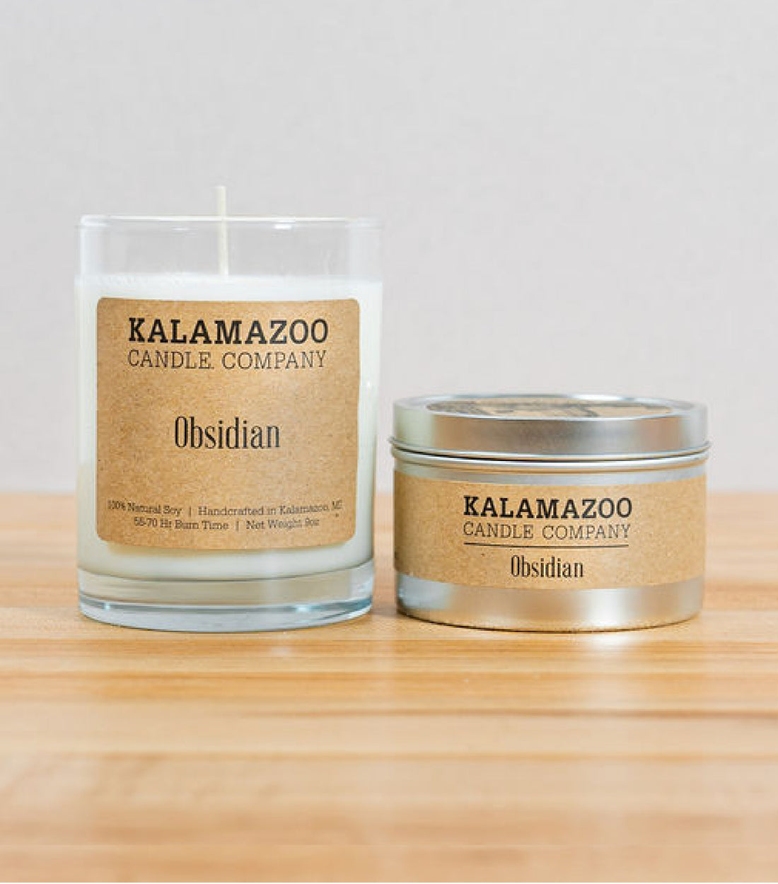 Obsidian Candles Warm island breezes bursting with sugared oranges, lemons, limes and exotic mountain greens, this classic soy candle smells like ripe citrus in a shaded oasis. All Kalamazoo Candles are: 100% natural scented soy wax; produced using locally sourced products.