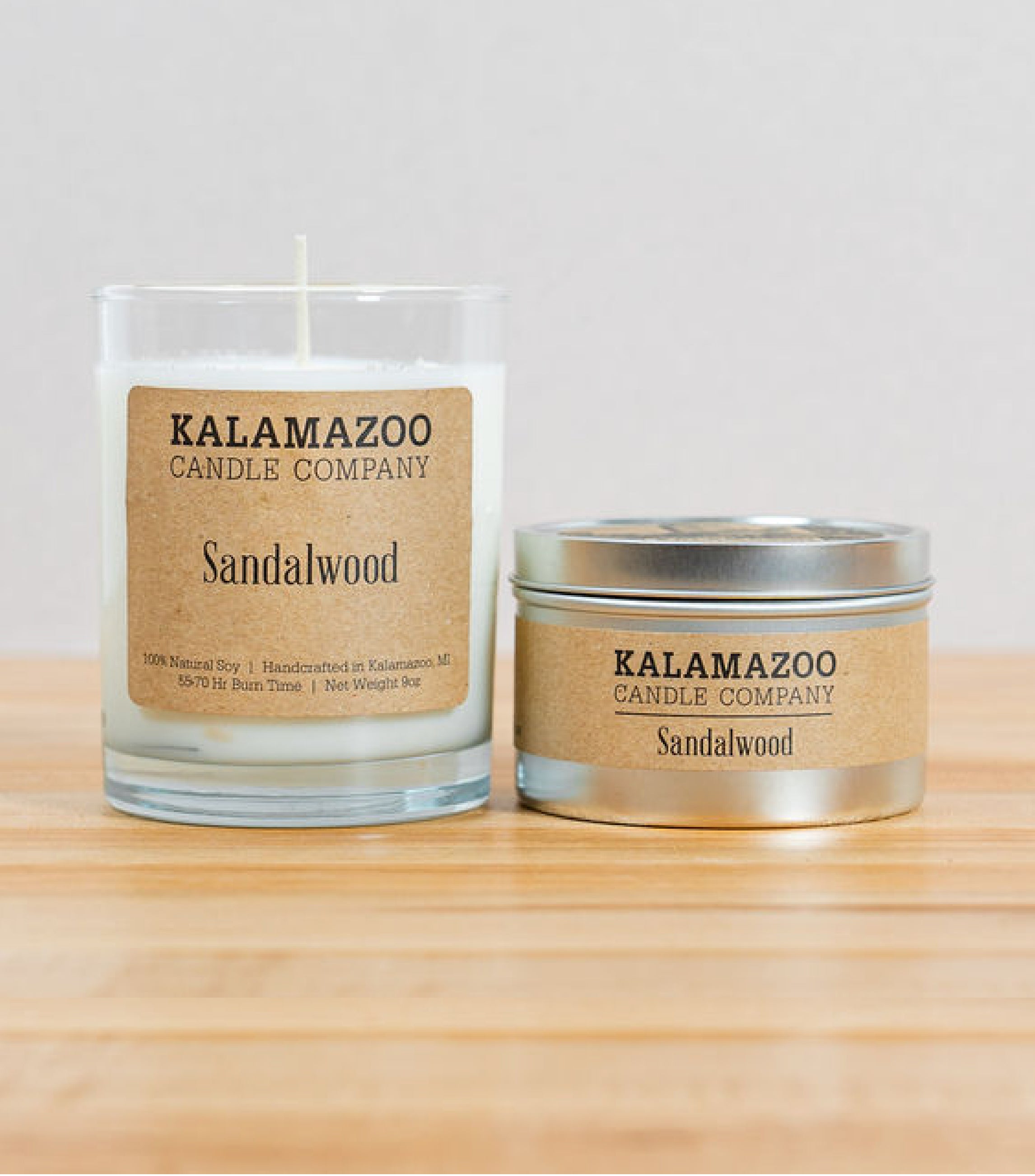 Sandalwood Candles This classic soy candle is an exotic and earthy blend of warm sandalwood, bergamot, and nutmeg. All Kalamazoo Candles are: 100% natural scented soy wax; produced using locally sourced and American-made materials; crafted from clean, high quality ingredients.
