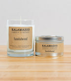 Sandalwood Candles This classic soy candle is an exotic and earthy blend of warm sandalwood, bergamot, and nutmeg. All Kalamazoo Candles are: 100% natural scented soy wax; produced using locally sourced and American-made materials; crafted from clean, high quality ingredients.