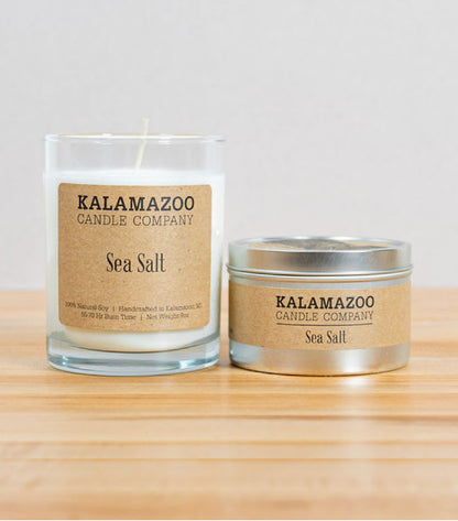 Sea Salt Candles Clean coastal ocean mists mingle with hints of coconut, lemon and white tea in this fresh soy candle that smells like sun warmed sea spray on a sunny day. All Kalamazoo Candles are: 100% natural scented soy wax; produced using locally sourced materials.