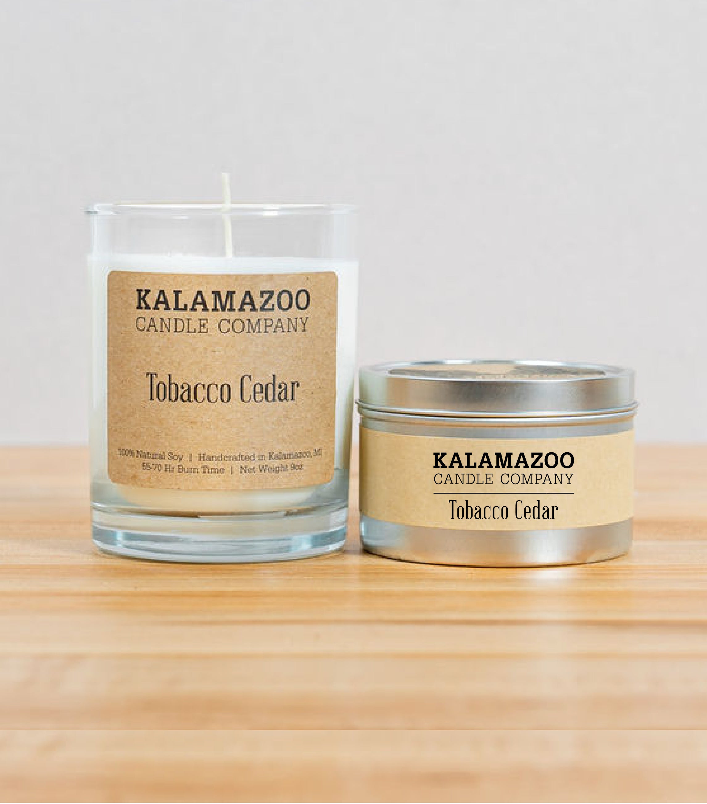 Tobacco Cedar Candles Come home to the scent of warm tobacco and cedar. Each classic jar candle is hand-poured in Kalamazoo, Michigan, using 100% soy wax. The perfect holiday gift!