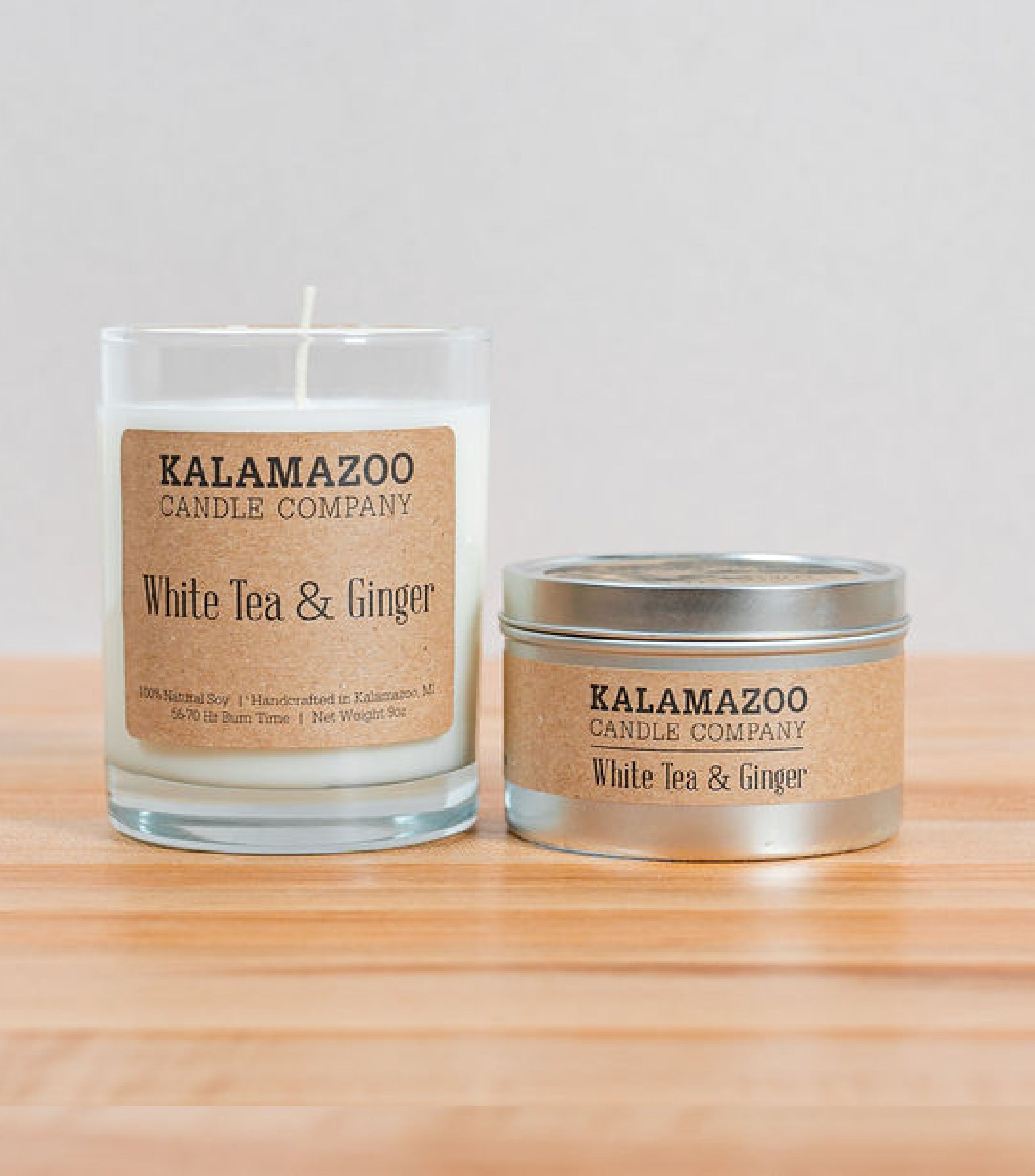 White Tea &amp; Ginger Candles Calming white tea, ginger, yuzu and delicate floral notes quiet your mind and soothe your senses in this relaxing soy candle. All Kalamazoo Candles are: 100% natural scented soy wax; produced using locally sourced and American-made