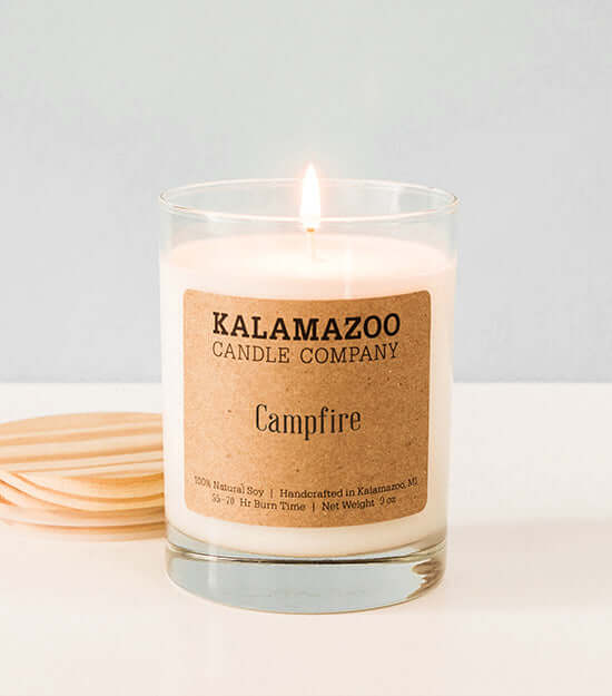 Campfire Candles Aromatic balsam and warm patchouli dappled with forest wildflowers ignites memories with this classically cozy soy candle. All Kalamazoo Candles are: 100% natural scented soy wax; produced using locally sourced and American-made materials