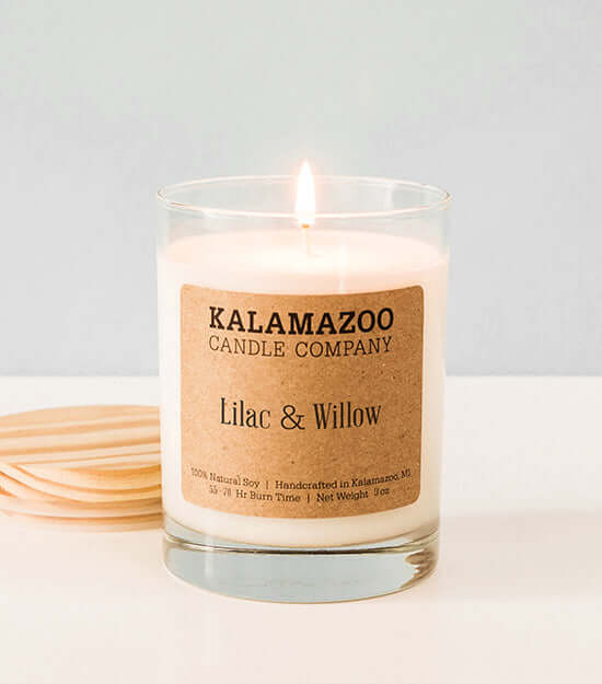 Lilac &amp; Willow Candles Like spring rain dripping from flower blossoms, this soy candle has notes of pink lilac, jasmine, cherry blossom, and bergamot freshened with green willow. All Kalamazoo Candles are: 100% natural scented soy wax; produced using loca
