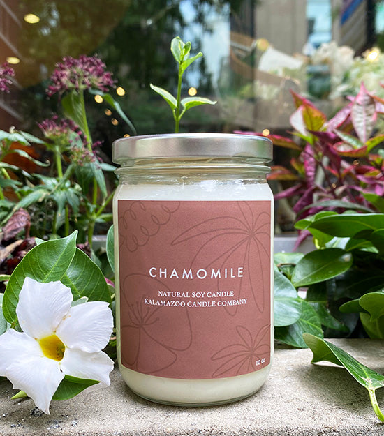 Fragrant chamomile and jasmine fill this candle with a calming essence. Crushed lavender and sparkling orange bring life and vibrance to the room where it slowly burns. Made in Kalamazoo, MI USA.
