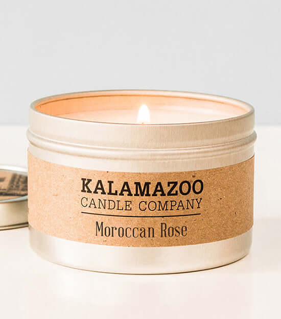 Moroccan Rose Candles A sensual bouquet of Persian rose, Italian bergamot, and mimosa blossoms; paired with earthy patchouli, fragrant sandalwood, and dreamy notes of amber and tonka. All Kalamazoo Candles are: 100% natural scented soy wax; produced using