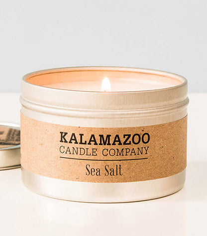 Sea Salt Candles Clean coastal ocean mists mingle with hints of coconut, lemon and white tea in this fresh soy candle that smells like sun warmed sea spray on a sunny day. All Kalamazoo Candles are: 100% natural scented soy wax; produced using locally sou