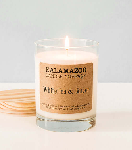 White Tea &amp; Ginger Candles Calming white tea, ginger, yuzu and delicate floral notes quiet your mind and soothe your senses in this relaxing soy candle. All Kalamazoo Candles are: 100% natural scented soy wax; produced using locally sourced and American-m